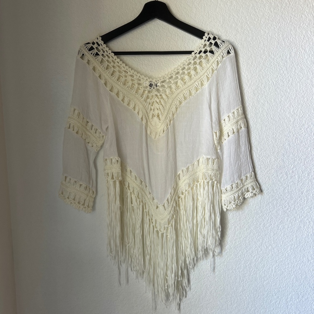 Ixiah Cream Crochet Fringe Swim Coverup